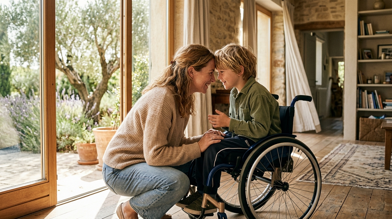 Cuando tu hijo tiene necesidades especiales: complicidad de madre e hijo en silla de ruedas